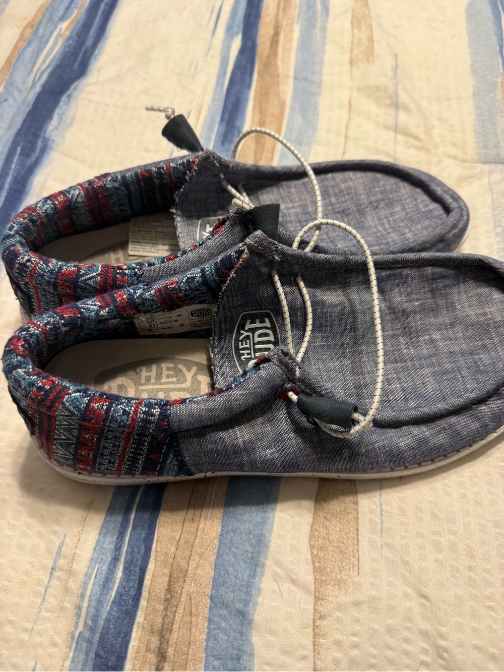 Hey Dude Blue Canvas Moccasins with Red Patterned Collar